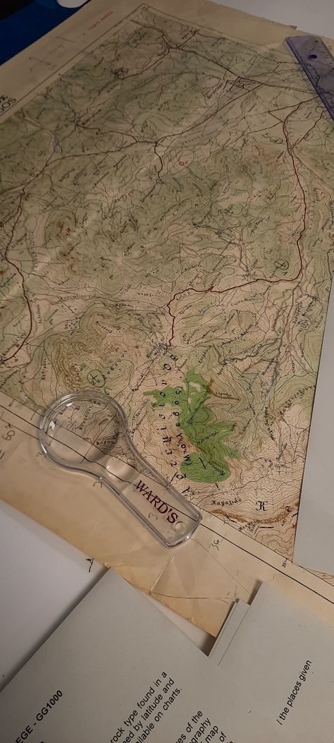 Picture of two maps, instructions and a small magnifying glass from a geology lab Geology Aesthetic Notes, Geology Major Aesthetic, Geology Student Aesthetic, Geography Student Aesthetic, Geologist Aesthetic, Geology Wallpaper, Geo Aesthetic, Geology Aesthetic, Geology Study