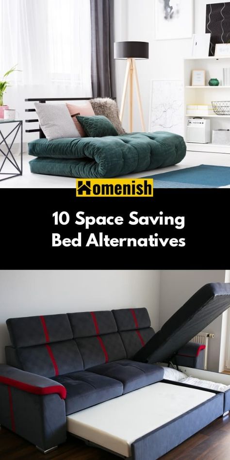 If you live in a small apartment, or your bedroom is so tiny you can hardly fit a bed in it, there are plenty of bed alternatives that are not just comfortable, but they will also save space. Alternative Bed Ideas, Guest Beds Solutions, Bed Solutions For Small Rooms, Small Space Sleeping Solutions, Futon Alternative, Bed Alternatives Small Spaces, Guest Bed Ideas Space Saving, Alternative Beds, Futon Bedroom Ideas Small Spaces