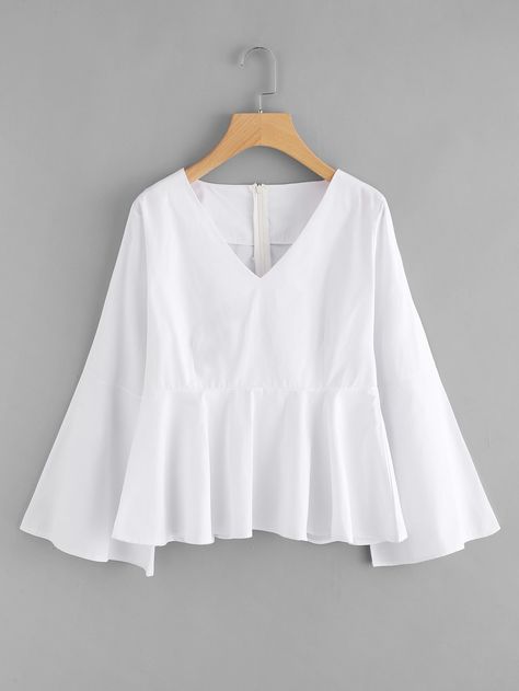 Chiffon Blouses Designs, Flare Blouse, Fashion Tops Blouse, Hem Blouse, White Blouse, Flared Sleeves, Fashion Tops, Stylish Dresses, Look Fashion