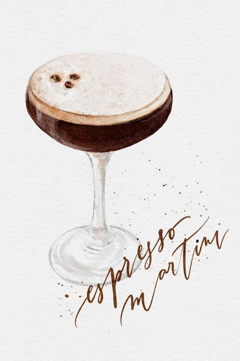 Espresso Martini - the trendy cocktail is back :) Espresso Martini Chalkboard, Espresso Martini Sketch, Watercolor Drinks Cocktails, Espresso Martini Watercolor, Espresso Martini Graphic, Watercolor Cocktail Art, Espresso Martini Illustration, Espresso Martini Drawing, Espresso Martini Print