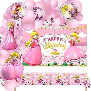 Princess Peach Birthday Party Supplies, Princess Peach Theme Party Decorations, Princess Peach Theme Party Favors Include Garland Arch Kit, Foil Balloon, Backdrop, Tablecloth Peach Theme Party, Foil Balloon Backdrop, Break Background, Princess Peach Birthday Party, Princess Peach Birthday, Peach Birthday Party, Princess Peach Cosplay, Peach Birthday, Balloon Pattern