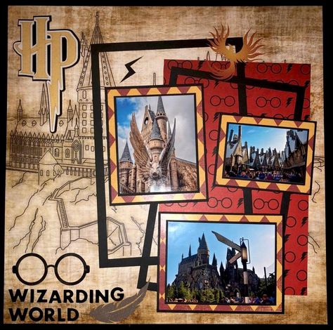 Military Scrapbook Layouts, Harry Potter Theme Park, Cross Stitch Harry Potter, Harry Potter Scrapbook, Large Scrapbook, Winter Scrapbook Layouts, Fall Scrapbook Layouts, Scrapbook Disney, Scrapbook Pictures