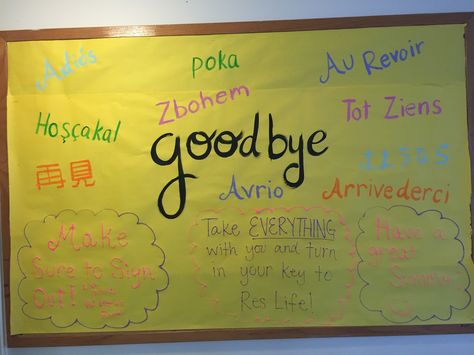 RA Maria's creative Goodbye bulletin board! Goodbye Bulletin Boards, Bulletin Ideas, Ra Bulletins, Ra Boards, Ra Bulletin Boards, Ra Ideas, Door Tags, Board Ideas, Bulletin Board