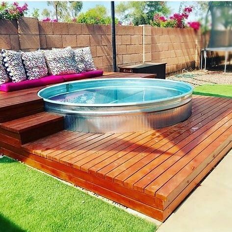 3 Steps To Creating An Affordable, Easy, DIY Pool For The Summer Patio Paradise, Stock Tank Swimming Pool, Tank Swimming Pool, Stock Pools, Stock Tank Pool Diy, Deck Piscina, Galvanized Tub, Diy Swimming Pool, Stock Tank Pool