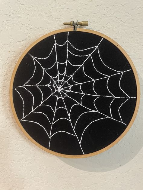 How To Sew A Spider Web, Embroider Spider Web, How To Embroider Spider Web, Spider Web Jacket, Spiderweb Cross Stitch, Spider Web Cross Stitch, Gothic Embroidery Design, Spiderweb Embroidery Designs, White On Black Embroidery