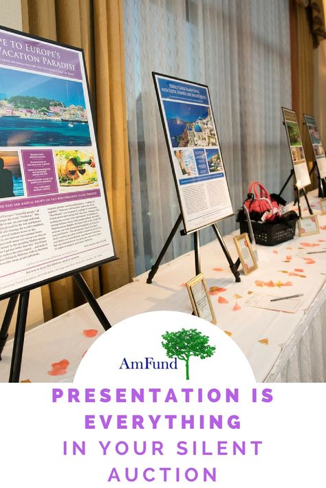 Presentation is EVERYTHING when holding your fundraising silent auction. Visit our fundraising blog. Gift Card Presentation For Raffle Silent Auction, Silent Auction Set Up Display, Silent Auction Gift Certificate Display, Silent Auction Set Up, Live Auction Items For Fundraiser, Silent Auction Display Ideas, Reverse Raffle, Silent Auction Display, Silent Auction Fundraiser