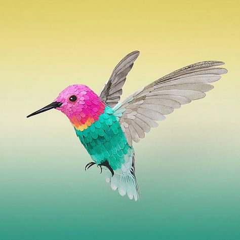 Paper Hummingbird, Bird Sculptures, Paper Art Sculpture, Paper Engineering, Paper Sculptures, Paper Birds, Beautiful Bird, Colorful Bird, Bird Sculpture