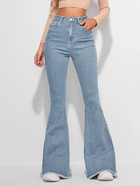 High Waist Slant Pocket Raw Hem Flare Leg Jeans | SHEIN USA Flair Jeans, Outfit Jeans, Flare Leg Jeans, Cute Jeans, Light Wash Denim, Trendy Fashion Women, Contrast Stitch, Denim Women, Flare Jeans