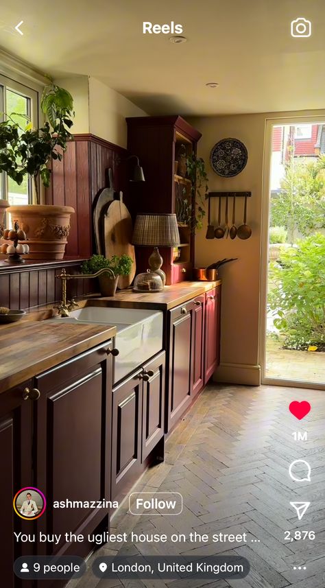 Chestnut Kitchen Cabinets, Herringbone Floor Kitchen, 1930 Interior Design, Chestnut Kitchen, Victorian Terrace Interior, Old Victorian House, Herringbone Flooring, Red Cabinets, House In London