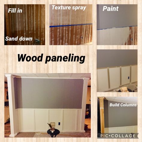 Filling in the grooves of the panel Trailer Wood Paneling Makeover, Old House Paneling, Makeover Wood Panel Walls, Remodel Paneling Walls, Old Mobile Home Interior, How To Upgrade Wood Panel Walls, Old Wood Paneling Makeover, Painted Wooden Panel Walls, Textured Panel Wall