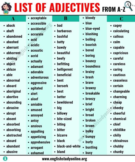 List of Adjectives: A Huge List of 900+ Adjectives in English for ESL Learners - English Study Online Reading Reference, Adjectives In English, Common Adjectives, List Of Adjectives, English Adjectives, Phonics Posters, Improve Your Vocabulary, Esl Resources, Galaxies Wallpaper