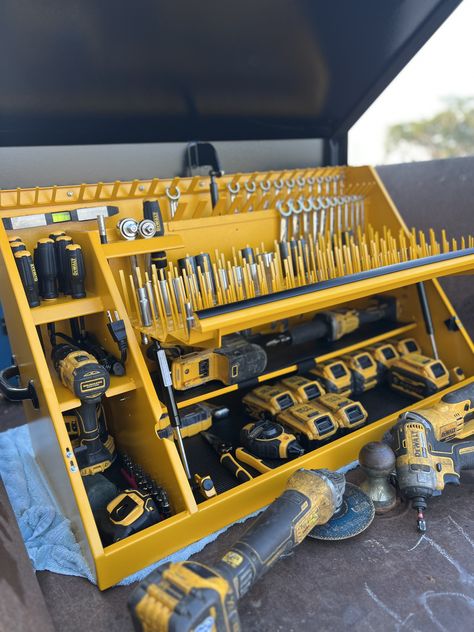 Take a  look inside   @draggin_up_welding_’s  36 x 17 Yellow/Black DeWalt Triangle!  Tap to shop DeWalt Triangles.  #montezumastorage #dewalt #dewalttough #toolstorage #toolorg #newproduct #triangletoolbox #toolbox #tools #truck #garage #workshop Truck Toolbox Organization, Truck Garage, Tool Chests, Service Truck, Workshop Layout, Truck Tool Box, Garage Storage Solutions, Tool Cart, Storage Idea