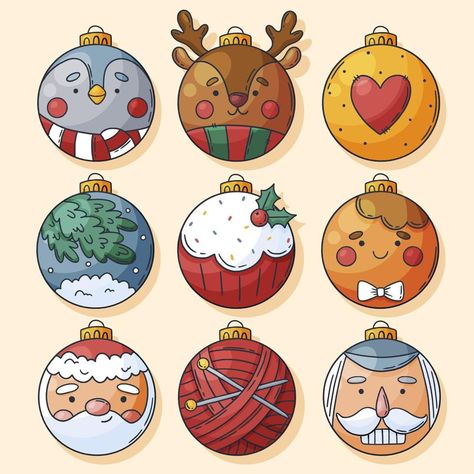 Set of hand drawn Christmas decorations and balls Christmas Drawing Ornaments, Christmas Bobbles Drawing, Christmas Bulb Drawing, Christmas Ornament Drawing Ideas, Christmas Idea Drawing, Christmas Bauble Drawing, Decorating Christmas Balls, Christmas Decor Ideas Drawing, Cute Christmas Art Drawing