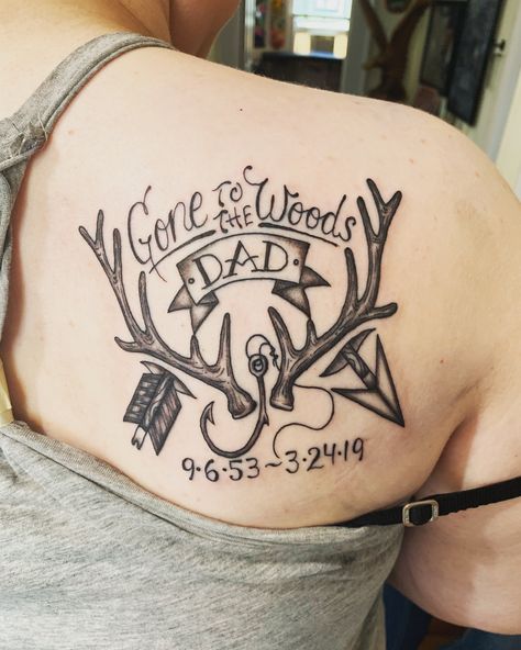 Grandpa Memorial Tattoo For Men, Gone Hunting Tattoo Memorial, Deer Hunting Memorial Tattoos, Memory Of Grandparents Tattoo, In Memory Of Papa Tattoo Ideas, Outdoorsman Memorial Tattoo, God Family Country Tattoos, Nature Memorial Tattoo, Father Daughter Tattoos Country