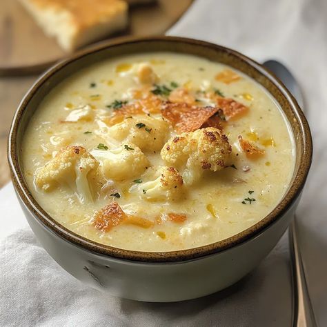 Creamy Cheddar Cauliflower & Roasted Garlic Soup Recipe Roasted Cauliflower Cheddar Soup, Creamy Cheddar Cauliflower And Roasted Garlic Soup, Cauliflower Chowder Soup, Cheddar Cauliflower Roasted Garlic Soup, Roasted Garlic Cheddar Cauliflower Soup, Cauliflower Recipes Soup, Brocolli Soup Recipes, Cheddar Cauliflower Soup, Roasted Garlic Cauliflower Soup