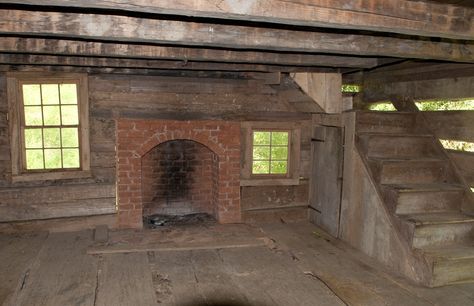 Cabin Interiors | Interior of the Hannah Cabin with wide puncheon floors and a brick ... Hunting Cabin Interior, Small Hunting Cabin, Garrison House, Getaway Cabin, Sept 1, Hunting Cabin, Country Cabin, Cabin Interiors, Getaway Cabins