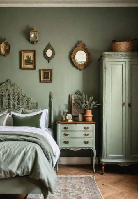 Relaxing Green Bedroom Ideas, Sage Green Bedroom Walls, Blue And Green Bedroom Ideas, Sage Green Accent Wall, Green Pallet, Cactus Bedroom, Color Drenching, Sage Green Bedroom Ideas, Blue Green Bedrooms