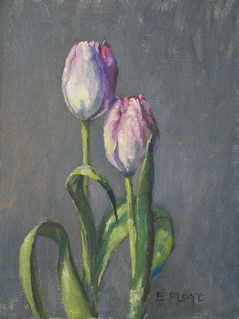 Two Flowers, Elizabeth Floyd, Art Nature Painting, Tulip Flower Painting, Paint Tulips, Art Inspiration Painting Canvas Ideas, Tulip Art, Flower Painting Tulip, Tulips Art Painting Wallpaper