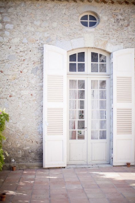 Dream Conservatory, French Door Shutters, French Doors With Transom, Arched French Doors, Door Shutters, French Doors Exterior, Limestone Wall, Shutter Doors, Room Door