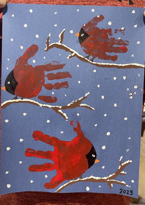 Cardinal child’s hand painting Red Cardinal Painting Easy, Cardinal Crafts For Kids, Preschool Advent, Cardinal Birds Art, Preschool Painting, Winter Cardinals, Christmas Handprint Crafts, Cardinal Painting, Toddler Curriculum