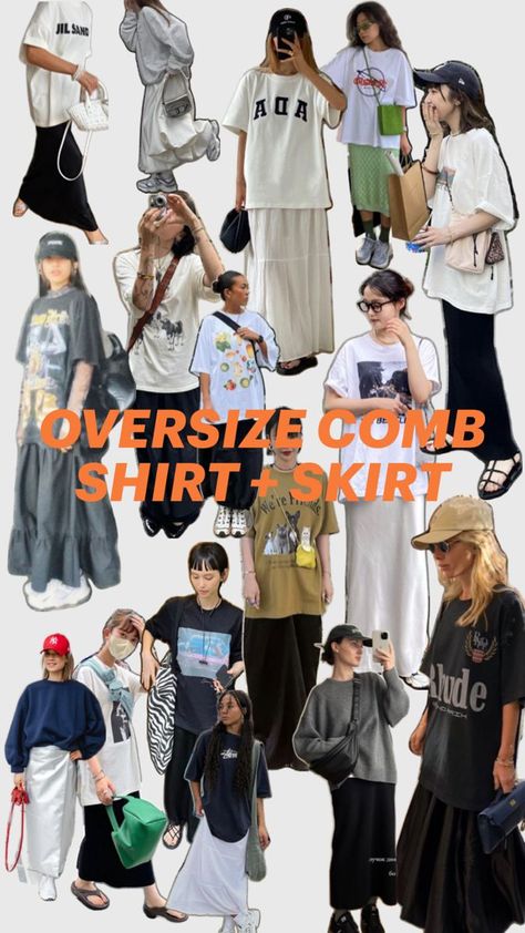 Oversized Summer Outfit, Summer Vintage Outfits, Oversized Tee Outfit, Printed Skirt Outfit, Oversized Shirt Outfit, Slow Clothing, Oversize Outfit, Outfit Oversize, Casual Chic Summer