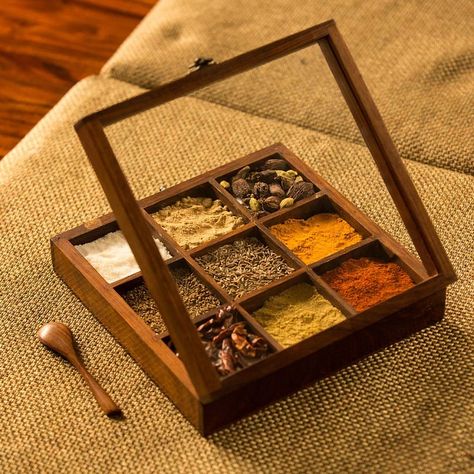 Indian Spice Box, Masala Dabba, Ikea Interior, Wooden Containers, Kitchen Spoon, Wooden Table Top, Spice Storage, Spice Box, Spice Containers