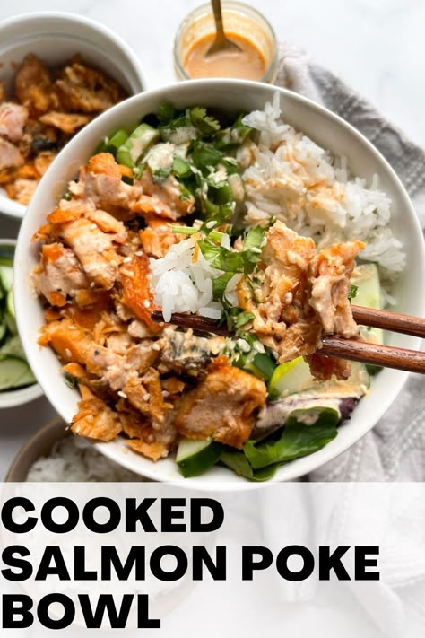 Seafood Poke Bowl, Salmon For Poke Bowl, Fish Protein Bowl, Asian Protein Bowl, Fish Poke Bowls, Asian Poke Bowl Recipe, Cooked Poke Bowl Recipe, Cooked Salmon Sushi Bowl, Poke Bowl With Salmon