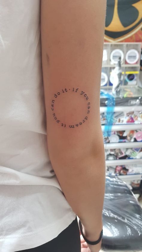 Circle Word Tattoo Design, Circular Word Tattoo, Circle Words Tattoo, Small Round Tattoo Ideas, Round Text Tattoo, Circle Writing Tattoo, Words In A Circle Tattoo, Circle Date Tattoo, Minimalist Tattoo Quote