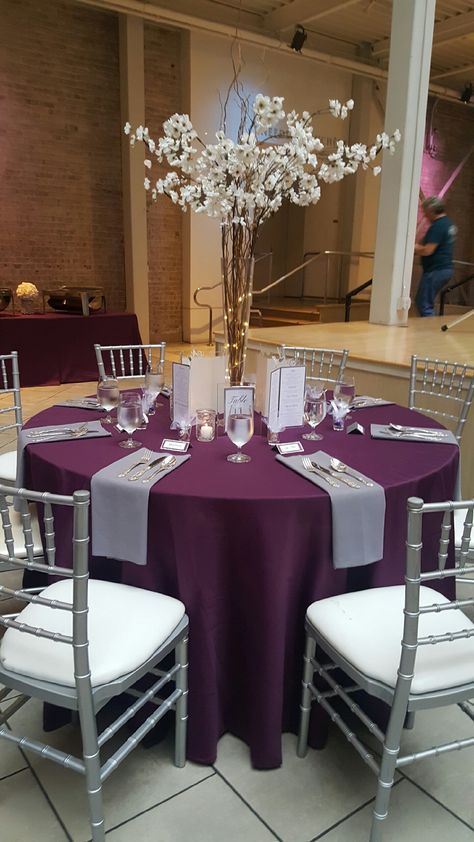 Purple and silver wedding Reading Wedding, Backdrop Purple, Purple Wedding Centerpieces, Purple And Silver Wedding, Silver Wedding Decorations, Fall Purple, Purple Wedding Theme, Wedding Colors Purple, Gold Wedding Dress