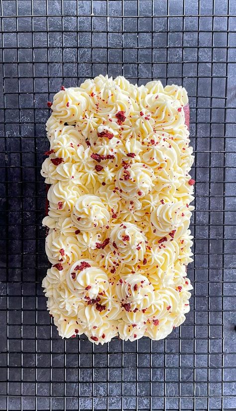 A smooth velvety sponge with a delicate chocolate and vanilla flavour, topped with delicious cream cheese icing. This Red Velvet Loaf Cake is a brilliant treat. Red Velvet Loaf Cake, Red Velvet Loaf, Powdered Buttermilk, Powdered Food Coloring, Chocolate Loaf Cake, Delicious Cream, Victoria Sponge, Cream Cheese Icing, Loaf Cake