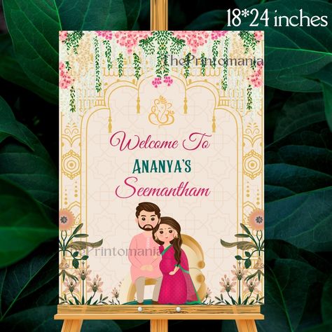 Baby Shower Welcome Board, Silver Plate Decor, Dohale Jevan, Housewarming Sign, Indian Baby Showers, Digital Sign, Mother To Be, Baby Shower Invitations Design, Ceremony Sign