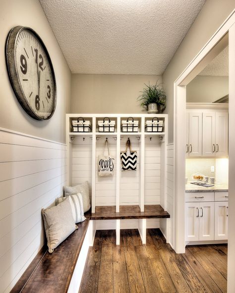 Del Mar Model - Summerwood Estates - Transitional - Entry - Kansas City - by Angela Arnone-Orel, Modern Farmhouse Mudroom, Built In Cubbies, Farmhouse Life, Farmhouse Mudroom, Room Yellow, Laundry Room/mud Room, Mud Room Entry, Mudroom Ideas, Open Coat