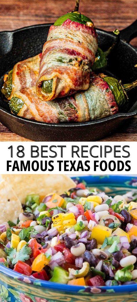 Bacon wrapped Jalapenos in a cast iron skillet, Cowboy caviar in a bowl, text: 18 Best Recipes Famous Texas Foods. Texas Barbecue Recipes, Texas Themed Food Party Ideas, South Texas Recipes, Texas Side Dishes, Texas Mexican Recipes, Texas Straw Hat Recipe, Texas Themed Party Food, Best Texas Recipes, South Western Recipes