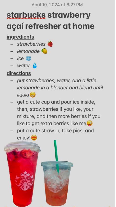 Strawberry Refresher Recipe, Starbucks Strawberry Refresher, Strawberry Starbucks Drink, Starbucks Copycat Recipes Drinks, Starbucks Strawberry Acai Refresher, Strawberry Acai Refresher, Starbucks Secret Menu Recipes, Fun Drink Recipe, Starbucks Strawberry