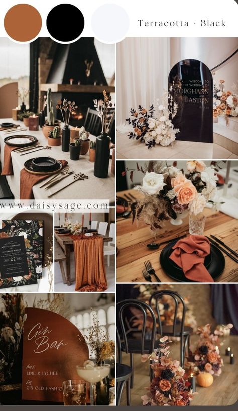 Black Sage And Burnt Orange Wedding, Cooper Wedding Theme, Rust And Black Wedding Theme, Wood Wedding Theme, Black And Rust Wedding, September Wedding Colors Schemes, Wedding Color Theme Ideas, Black Rustic Wedding, Terracotta Wedding Color