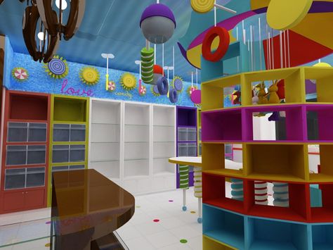 Diseño de Muebles para Tienda de Dulces. Cocepto. Local comercial. | por CUBO 3 taller de diseño Toy Store Design, Candy Store Design, Candy Store Display, Candy Room, Candy Stand, Boutique Decor, Balloon Shop, White Shelves, Bakery Shop