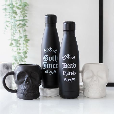 Gothic Homeware, Black Water Bottles, Skull Mug, Metal Water Bottle, Gothic Gifts, Gothic Metal, Black Water, Black Skulls, Dark Matter