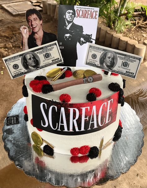 Al Pacino Cake, Scarface Birthday Theme, Scarface Party Theme, Scarface Cake, Scarface Party, Mafia Theme Party, Cake For Boyfriend, 25th Birthday Cakes, Party Theme Decorations