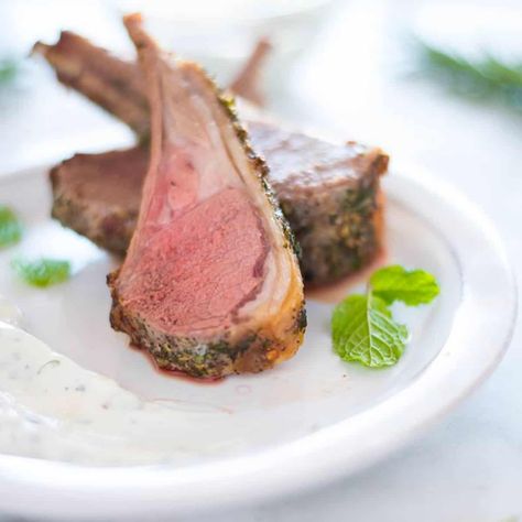 Rack of Lamb with Yogurt Mint Sauce Rack Of Lamb Marinade, Baked Lamb Recipes, Greek Lamb Recipes, Baked Lamb Chops, Lamb Marinade, Smoked Lamb, Greek Lamb, Goat Recipes, Lamb Recipe