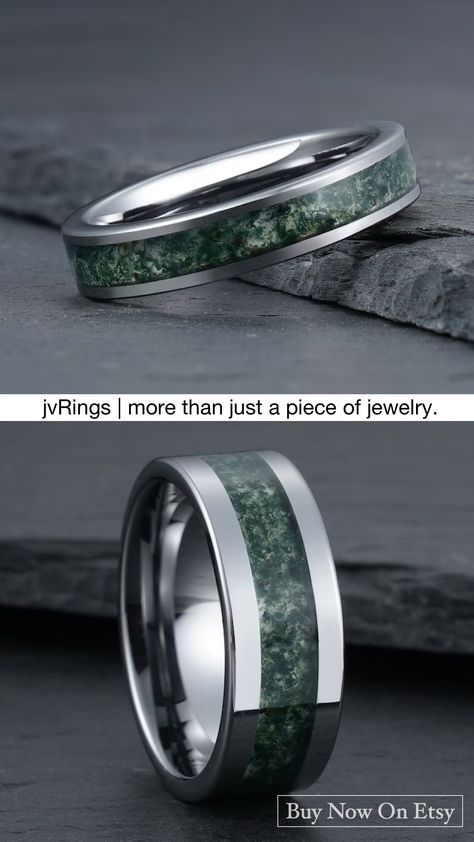 This elegant silver tungsten ring with green moss agate will make a truly stunning statement on any occasion. Its unique design features a classic silver band with a bold, eye-catching inlay of natural green moss agate. #MensWedding Ring #WeddingBand #AnniversaryRing #Engagement Ring #PromiseRing Moss Agate Ring For Men, Moss Agate Mens Ring, Agate Wedding Ring, Agate Wedding, Green Moss Agate, Garden Grove, Moss Agate Ring, Ring Mens, Cute Wedding Ideas