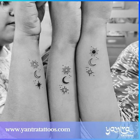 Sun Moon Star Sibling Tattoo, 3 Friend Tattoo Ideas, Matching Star Tattoos Best Friends, 3 Best Friend Tattoos Sun Moon Star, Moon Sun And Stars Tattoo Matching, Sun Star Moon Friends, Star Moon Sun Tattoo Friends, Three Friendship Tattoos, Sister Tattoos 3 Sisters