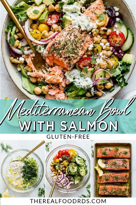 Salmon Hummus Bowl, Mediterranean Fish Bowl, Mediterranean Salmon Bowl Recipe, Fish Quinoa Bowl, Salmon Pesto Bowl, Mederteranian Bowl Recipe, Salmon Tzatziki Bowl, Salmon Gyro Bowl, Fish Grain Bowl