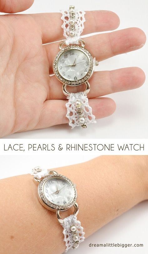 Lace Diy Projects, Watch Diy, Beaded Watches, Lace Diy, Lace Crafts, Rhinestone Watches, Pearls Diy, Pearl Accessories, Old Watches