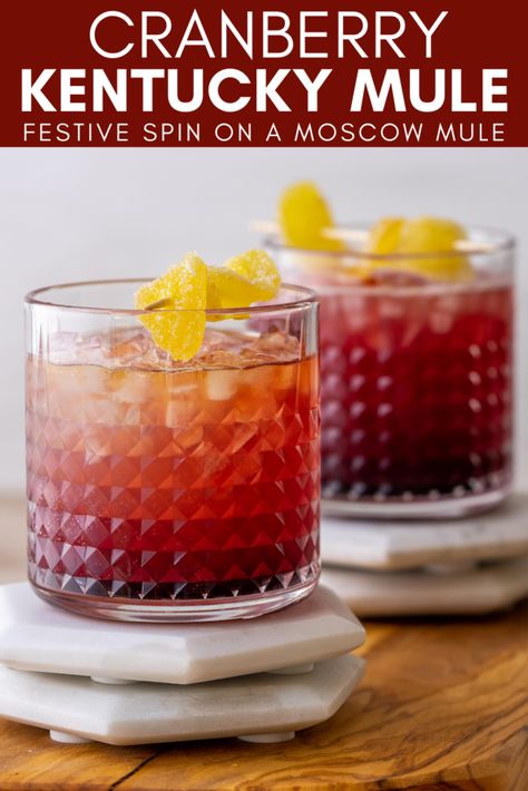 Bourbon Mule, Bourbon Drinks Recipes, Cranberry Moscow Mule, Kentucky Mule, Mule Recipe, Cranberry Cocktail, Bourbon Drinks, Candied Ginger, Boozy Drinks