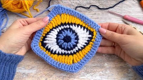 Exclusive! You will not believe! Nobody has ever crocheted this granny square. Crochet. - YouTube Third Eye Crochet, Eyeball Granny Square Pattern, Evil Eye Crochet Square, Crochet Eye Square, Evil Eye Granny Square Crochet Pattern Free, Granny Square Eye Pattern, Eye Granny Square Pattern Free, Crochet Eye Pattern, Eye Crochet Granny Square