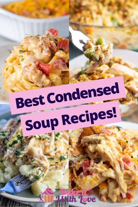 These condensed soup recipes include casseroles, crockpot dishes, and even stuffed peppers that are all made using canned condensed soup! Condensed soup is perfect for adding a creamy and savory element to any gravy or sauce! All of these recipes are filled with bold, rich flavors that are sure to be a crowd-pleaser! BakeItWithLove.com #bakeitwithlove #recipe #canned #condensed #soup #dinner #casseroles Condensed Soup Recipes Dinners, Condensed Chicken Soup Recipes Rice Casserole, Condensed Cheese Soup Recipes, Recipes With Canned Soup, Canned Recipes Dinners, Recipes Using Canned Soup, Cream Of Cheddar Soup Recipes, Canned Soup Recipes Dinners, Campbells Cream Of Celery Soup Recipes