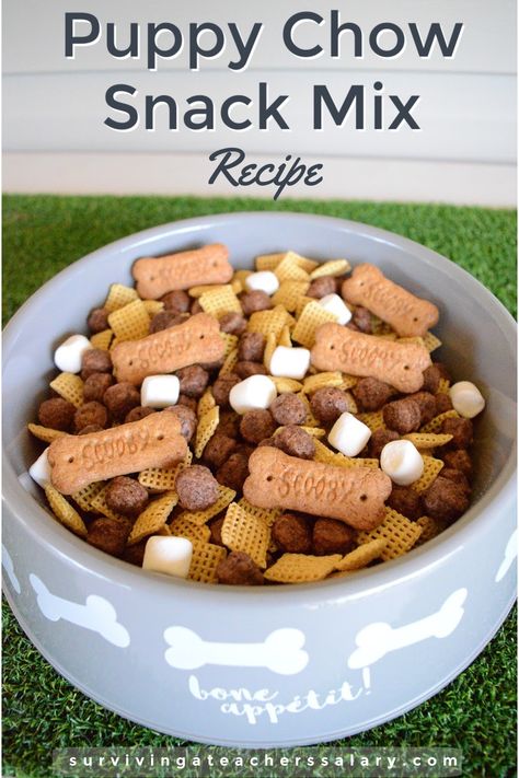 Delicious & EASY 2 minute puppy chow snack mix recipe idea!! Perfect for pet parties, birthday parties, movie night snacks and more! Can be made gluten free and dairy free as well! #recipe #snackmix #snackrecipe #snackideas #partymix #partyideas #petparty #snacks #yum #food #party Puppy Party Snack Ideas, Puppy Birthday Party Food Ideas, Puppy Desserts Birthday Parties, Dog Theme Food For Party, Dog Party Drink Ideas, Pet Adoption Party Food, Pet Shop Party Ideas Birthday, Dog Themed Food Ideas, Healthy Kids Party Snacks