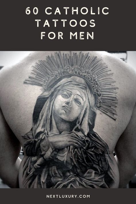 While there was a time not long ago when the Catholic faith frowned upon tattoos, now they are widely accepted and celebrated among devoted followers, as well as admirers of the religion’s poignant symbolism.The cross is among the most widely recognized symbols in the world, and there are countless tattoo renditions of every size and style. #nextluxury #tattooideas #tattoodesigns Lord Forgive Me For My Sins Tattoo, Catholic Back Tattoo, Catholic Tattoos Men, Catholic Symbols Tattoo, Saint Sebastian Tattoo, Saint Mary Tattoo, Mary Tattoos Catholic, Catholic Cross Tattoo, Roman Catholic Tattoos