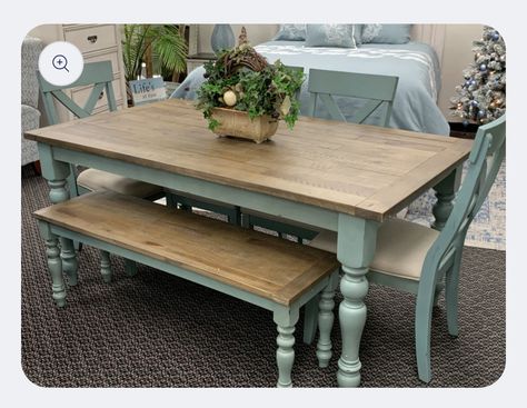 Aqua Dining Table, Farmhouse Table Colors, Dining Table With Bench And Chairs, Dining Table Color Ideas, Repurpose Dining Room Table, Wood Table And Bench, Blue Dining Table, Distressed Dining Table, Bench Dining Table