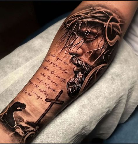 Jesus Forearm Tattoo, Mum And Dad Tattoos, Jesus Tattoo Sleeve, Religous Tattoo, Religious Tattoo Sleeves, Catholic Tattoos, Shoulder Sleeve Tattoos, Father Tattoos, Christ Tattoo